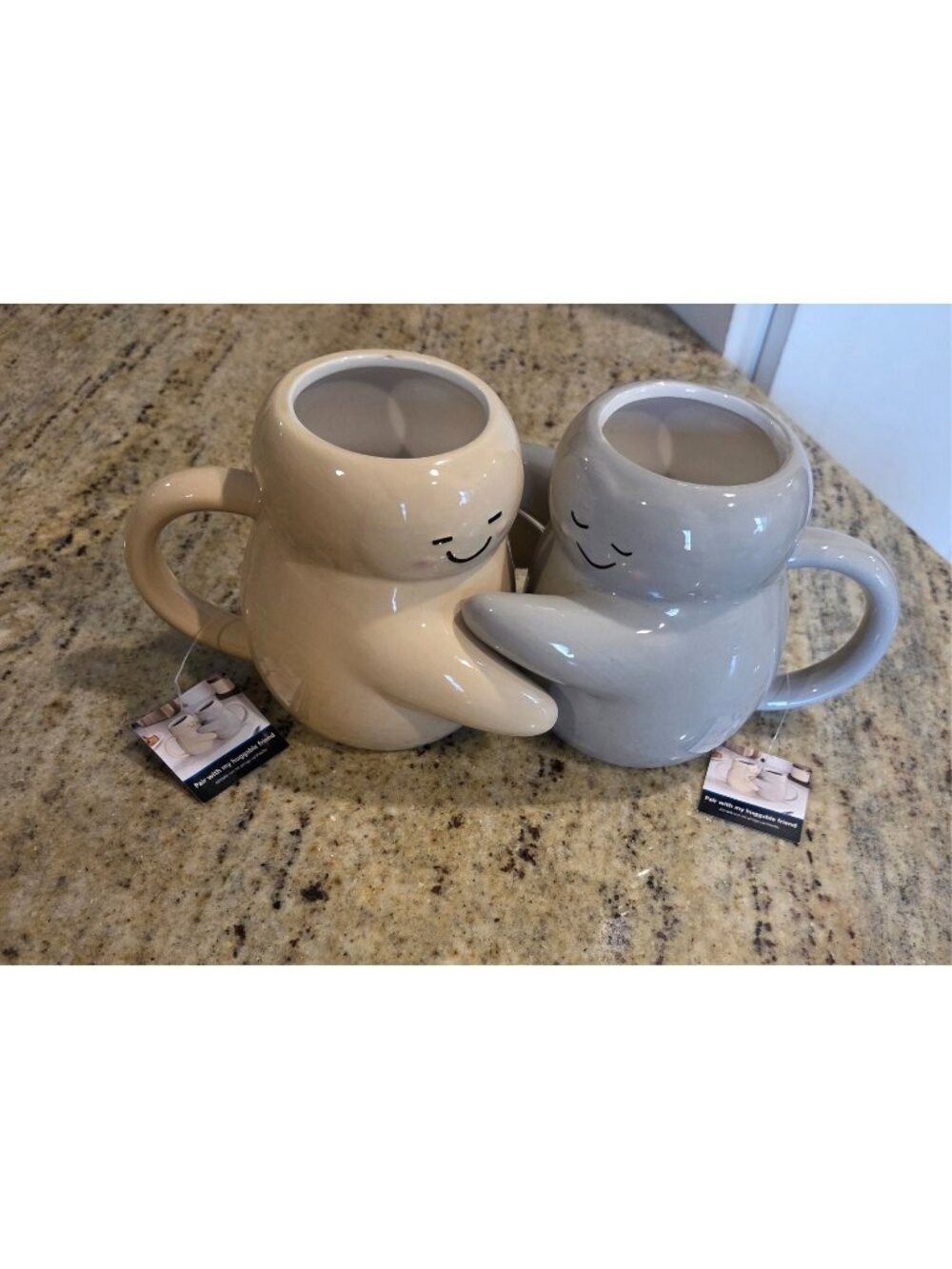 New! Set of 2 Mainstays Cream & Gray Sculpted Hug Hugging Ceramic 16 oz Mug